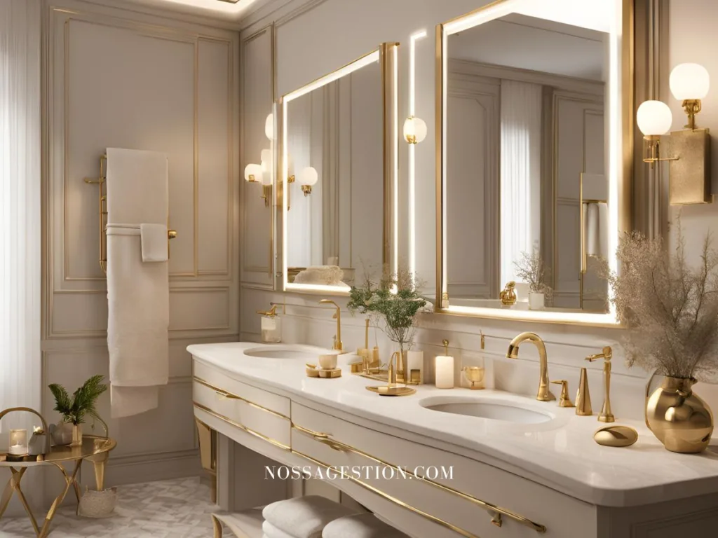 Baño elegante en tonos neutros con grifería dorada y accesorios