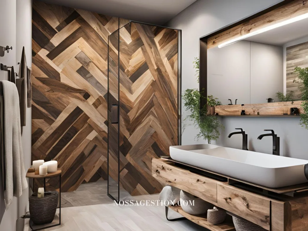 Baño moderno con muebles de madera reciclada y encimera de piedra natural